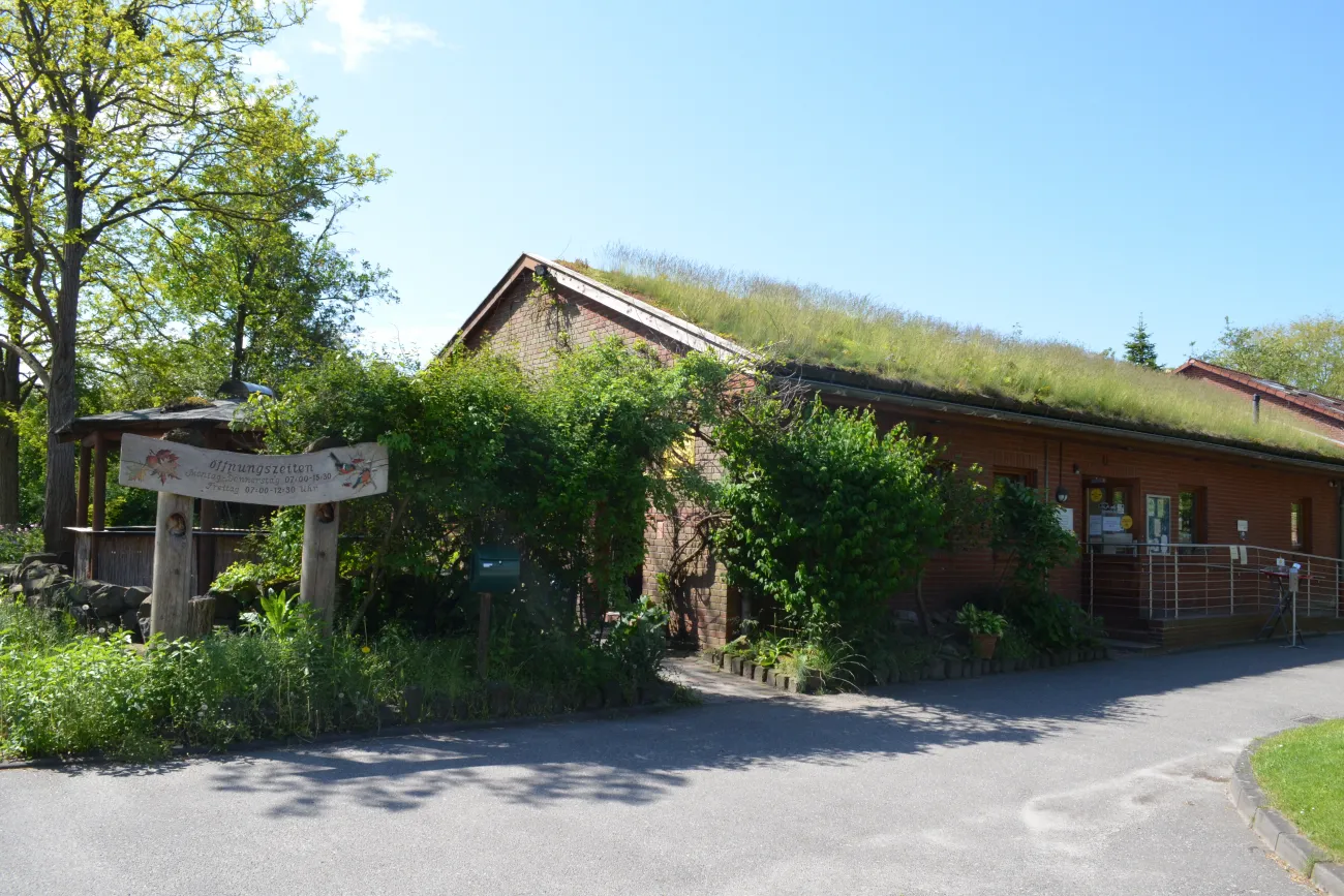 Hauptgebäude des Ökowerks mit Café. Ein begrüntes Dach, möglicherweise mit Gras oder ähnlichem bewachsen. Rundherum viel Grün: Bäume, Sträucher und Pflanzen schaffen eine naturnahe Umgebung