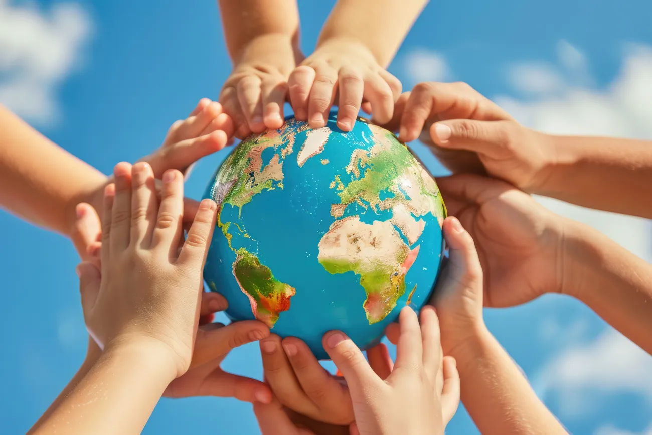 International Children's Day. Children from around the world hold globes, showcasing unity against a blue sky on Children's Day