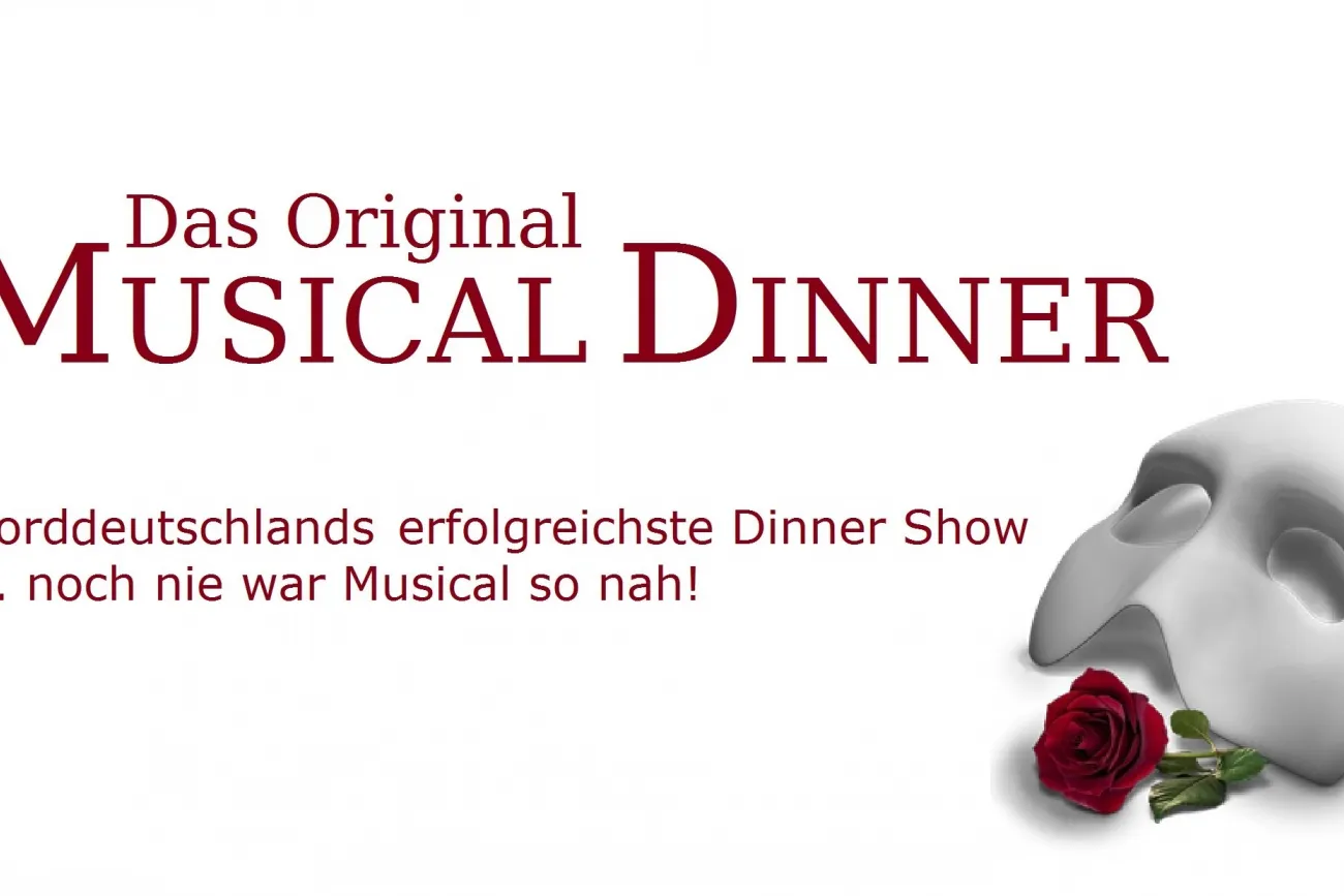 Flyer mit Schriftzug Das Original Musical Dinner und einer weißen Maske mit roter Rose.