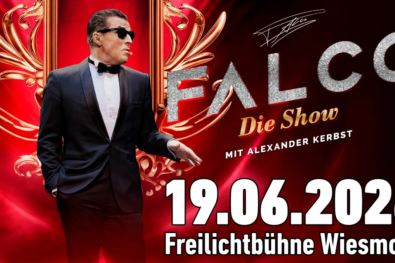 Plakat zu „Falco – Die Show“ mit Alexander Kerbst, Termin 19. Juni 2026, Freilichtbühne Wiesmoor