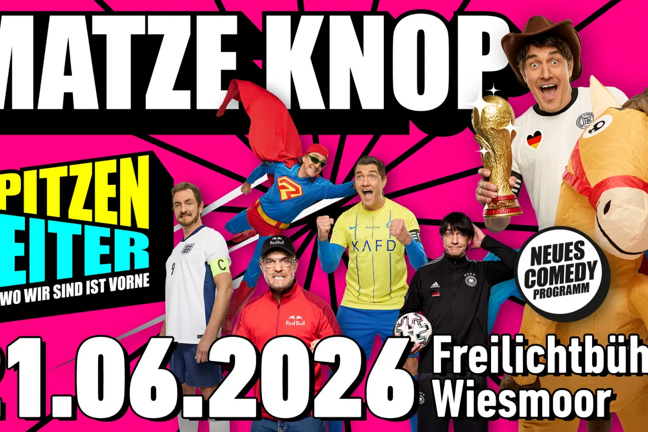 Mehrere Figuren von Matze Knop in bunten Comedy-Kostümen vor pinkem Hintergrund mit Programmtitel