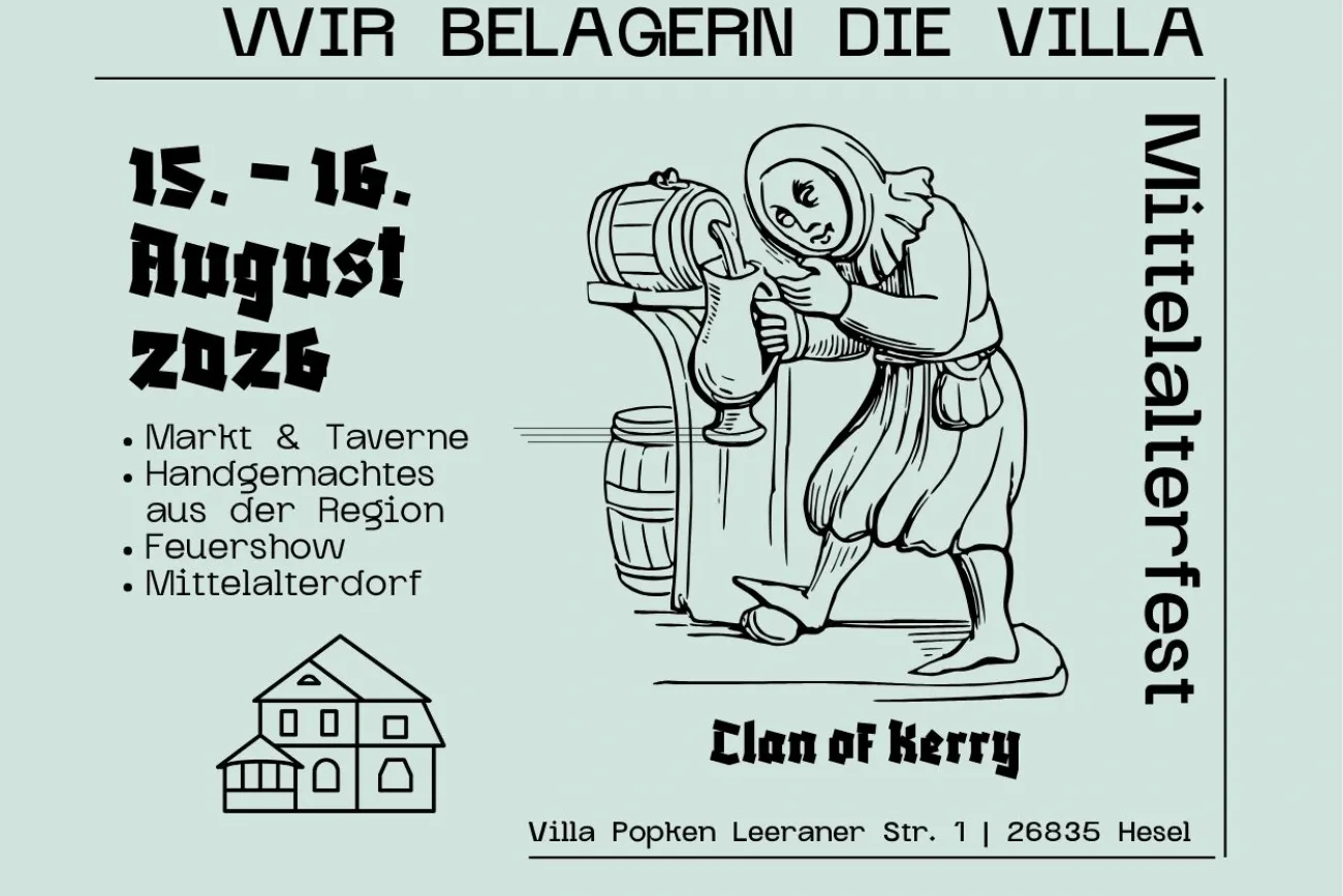 Plakat zum Mittelalterfest an der Villa Popken mit Termin, Programm und Zeichnung einer Schankmaid