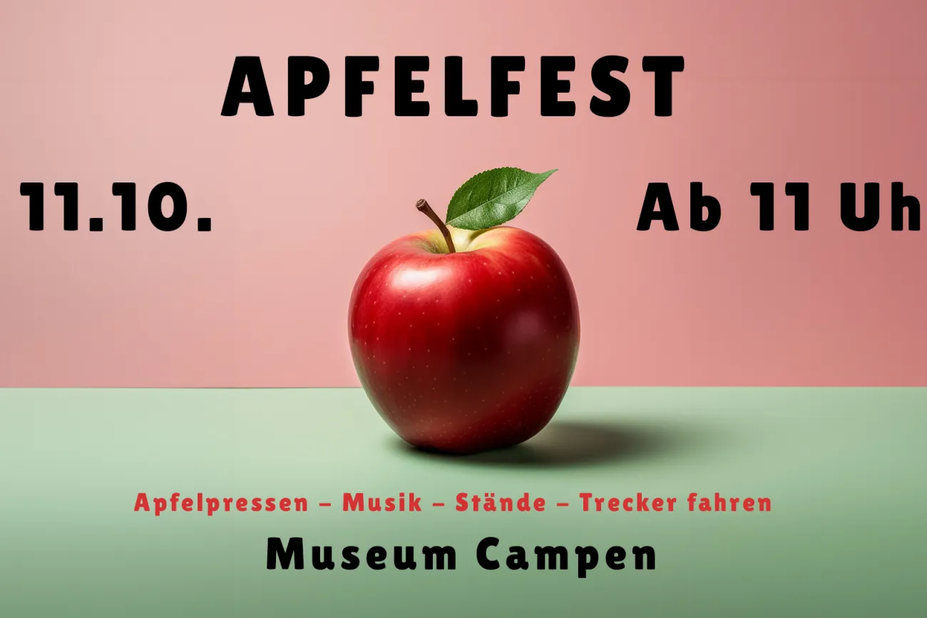 Grafik mit rotem Apfel und Text zum Apfelfest im Museum Campen mit Datum und Programmhinweisen.