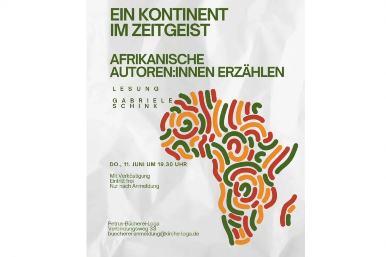 Plakat für die Lesung Ein Kontinent im Zeitgeist mit buntem Umriss von Afrika aus geschwungenen Linien.