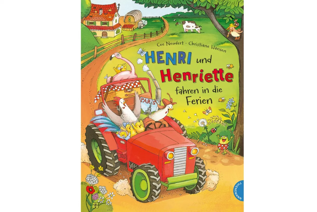 Buchcover: Hahn und Henne fahren mit Küken auf einem roten Traktor in die Ferien.