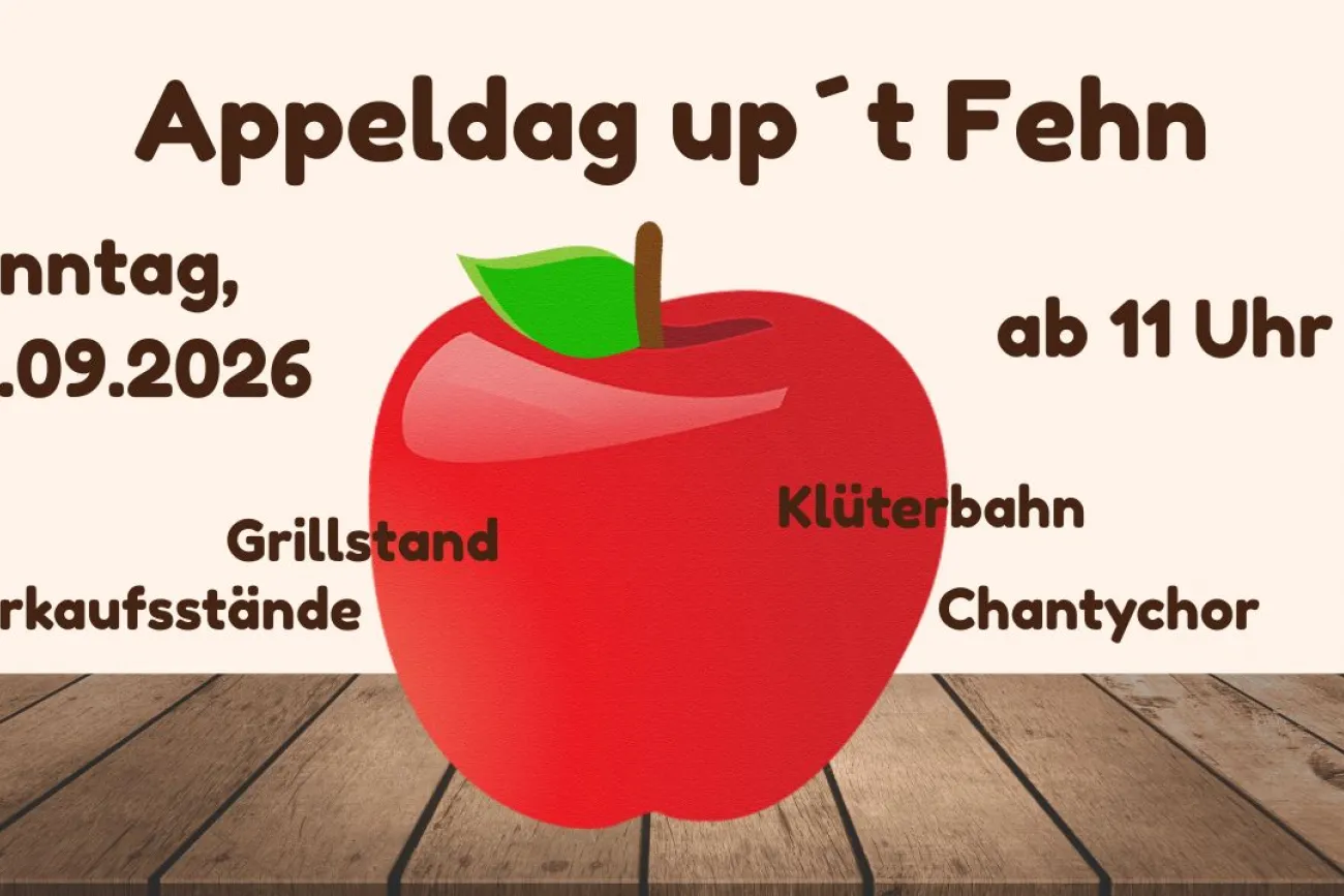 Du siehst ein Plakat mit einem roten Apfel für den Appeldag up't Fehn am 27.09.2026.