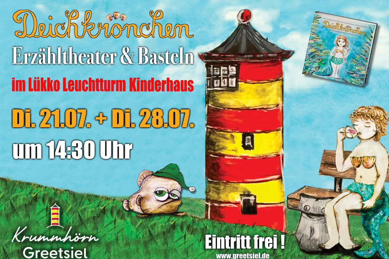 Plakat für das "Deichkrönchen" Erzähltheater: Zeichnung einer Meerjungfrau am Leuchtturm.