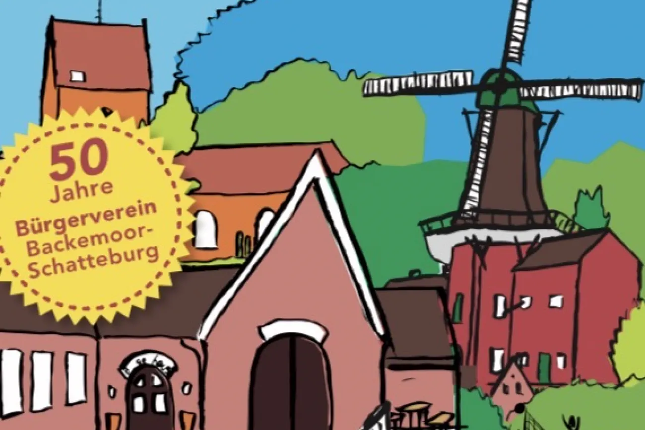 Plakat zum Dorffest in Backemoor / Schatteburg vom 25.-28. Juni 2026. Gezeichnete Dorfszene mit Mühle.