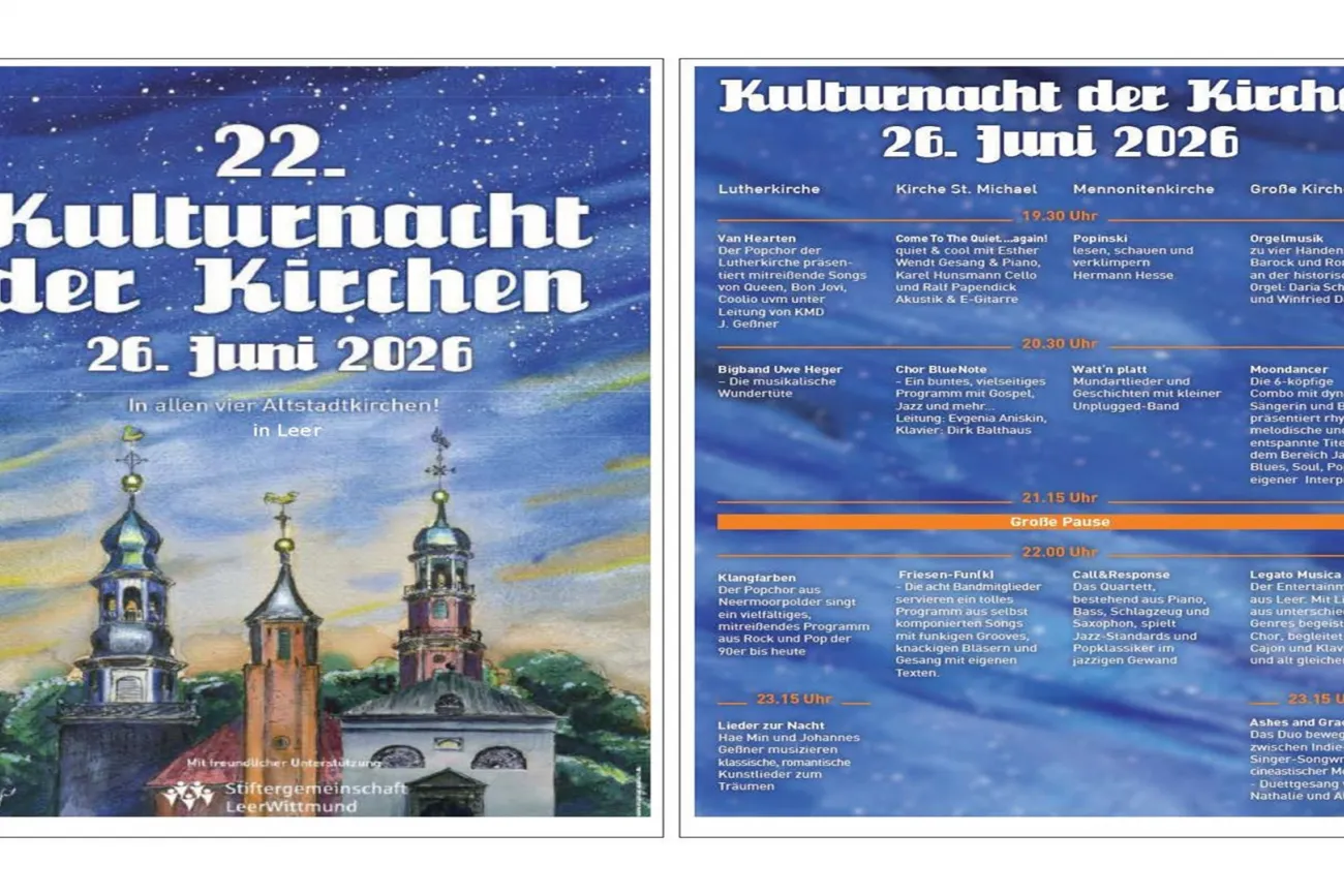 Plakat zur 22. Kulturnacht der Kirchen in Leer am 26. Juni 2026 mit Kirchtürmen und Programm.