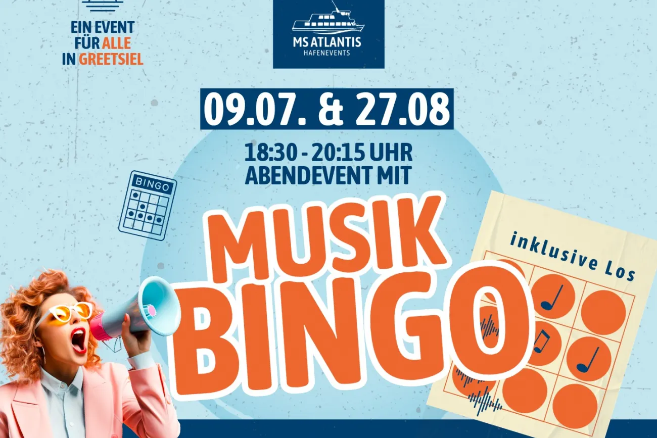 Plakat zum Musik Bingo in Greetsiel. Eine Frau mit Megafon und eine Bingo-Karte mit Musiknoten.