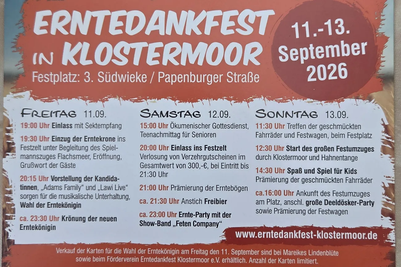 Plakat zum Erntedankfest in Klostermoor mit Programm vom 11. bis 13. September 2026.