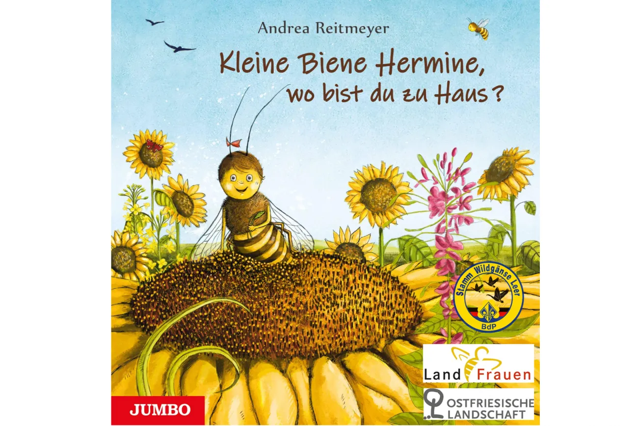Buchcover „Kleine Biene Hermine“ mit Biene auf Sonnenblume und Blumen.