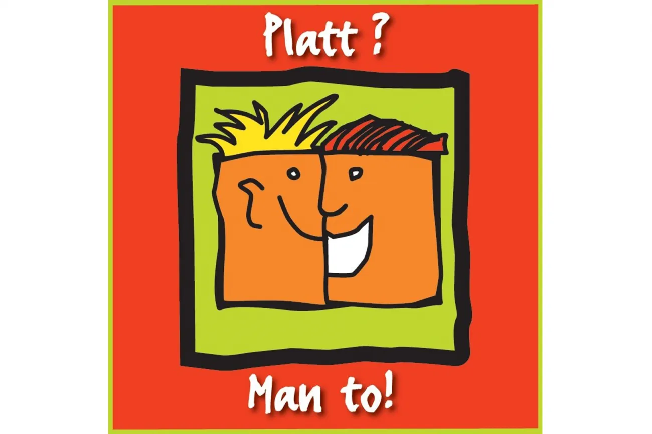 Bunte Grafik mit zwei lachenden Gesichtern und Schriftzug „Platt? Man to!“