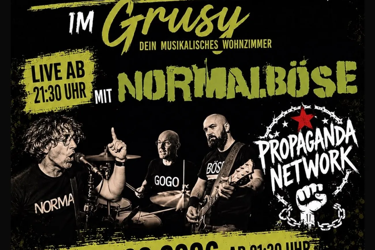 Konzertplakat zur Aftershow-Party im Grusy mit Normalböse und Propaganda Network.