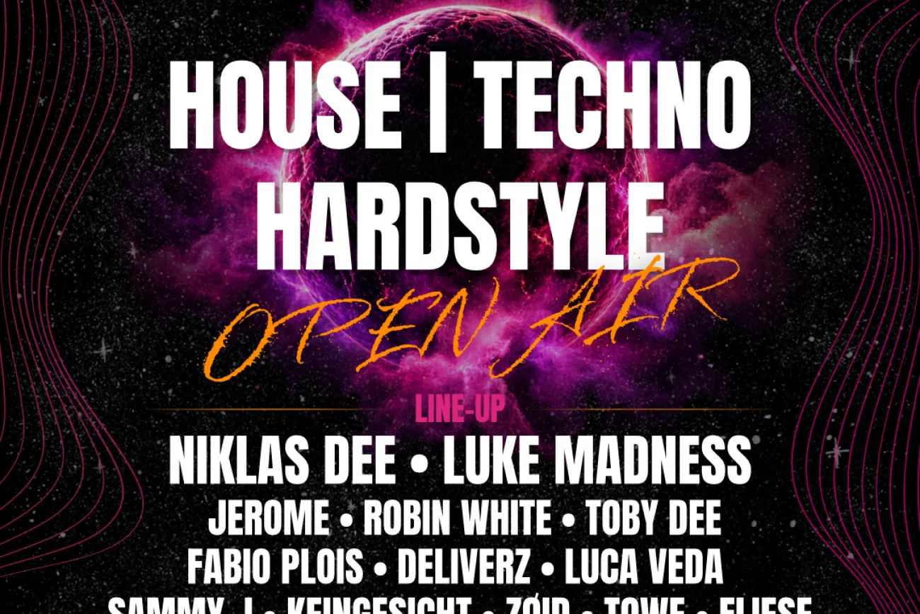 Neon-Festivalplakat: Planet Future Festival, 26.09.2026, House, Techno, Hardstyle.