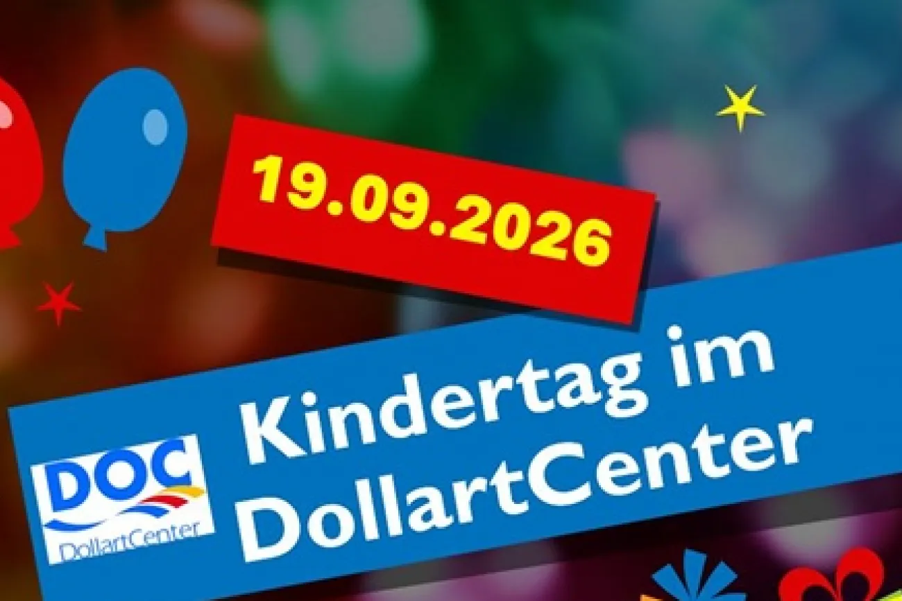 Plakat zum Kindertag im DollartCenter am 19.9.2026 mit Programm und Kinderbetreuung.