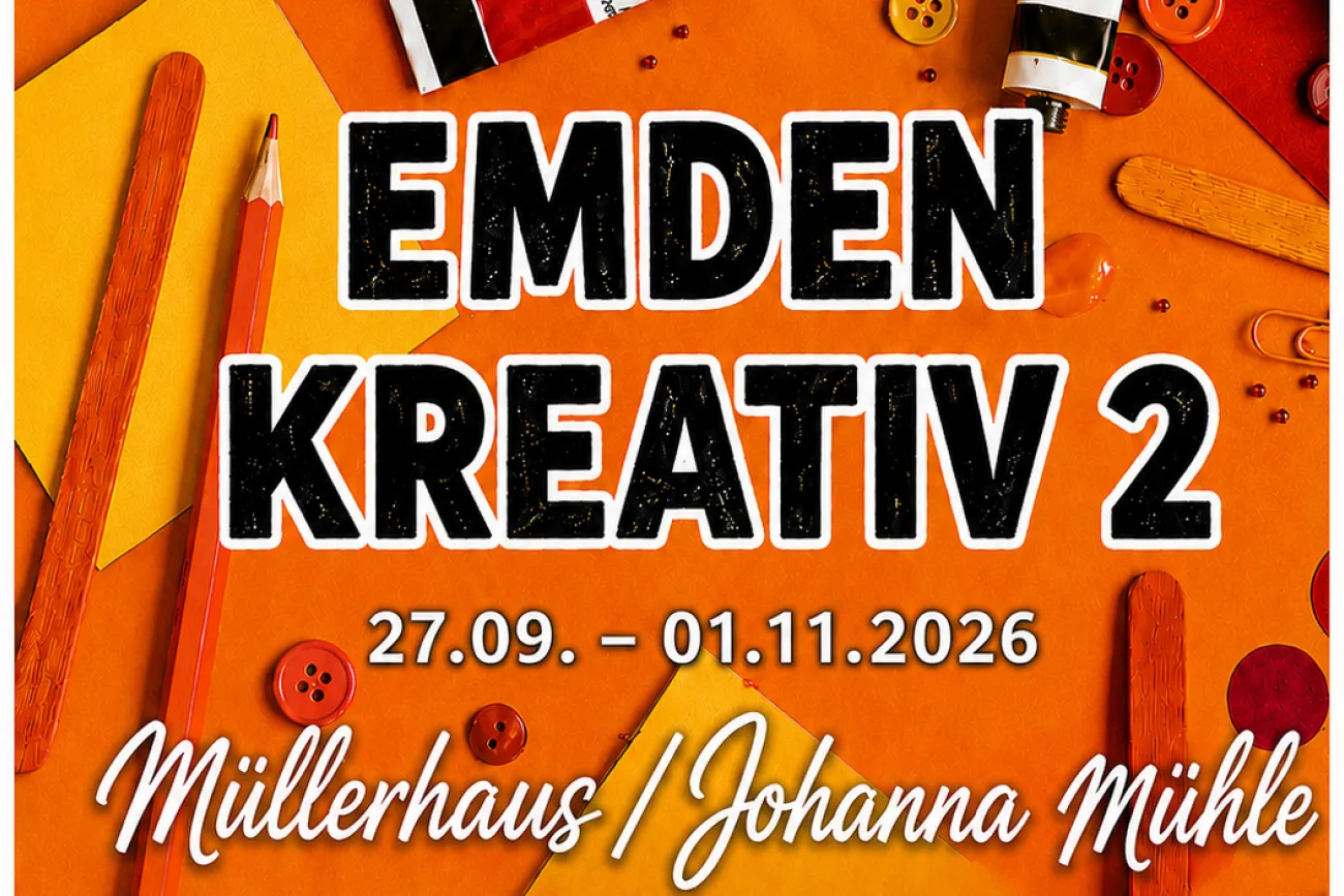 Orangefarbenes Plakat zu „Emden Kreativ 2“ mit Malutensilien im Hintergrund.