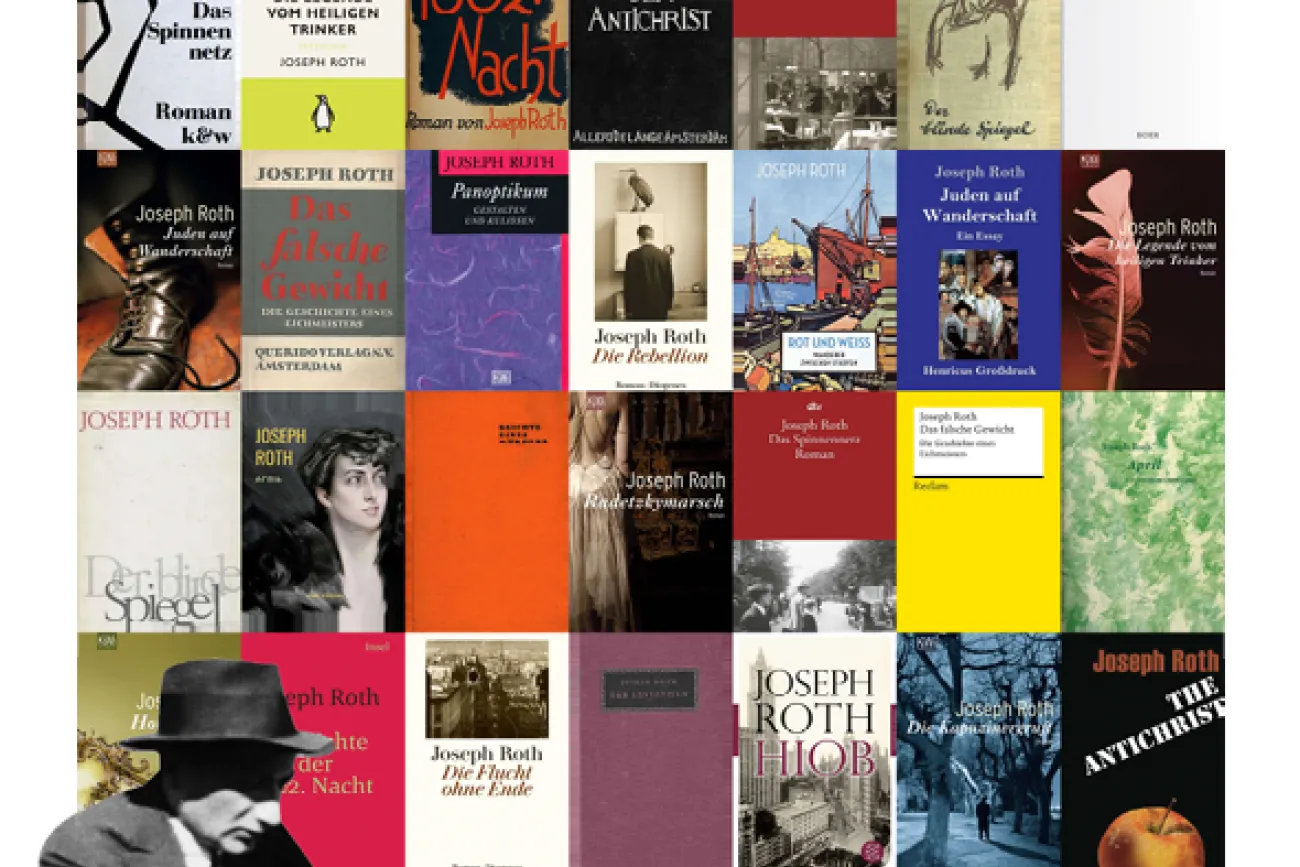 Plakat zur Joseph-Roth-Lesung mit Buchcover-Collage und Autorenfoto.