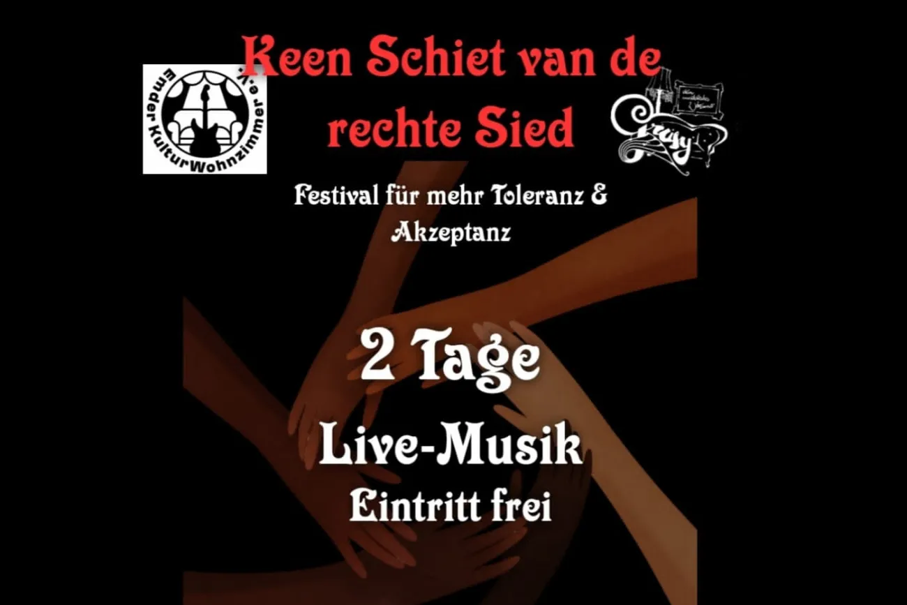 Festivalplakat „Keen Schiet van de rechte Sied“ mit Line-Up und einem Hinweis auf freien Eintritt.