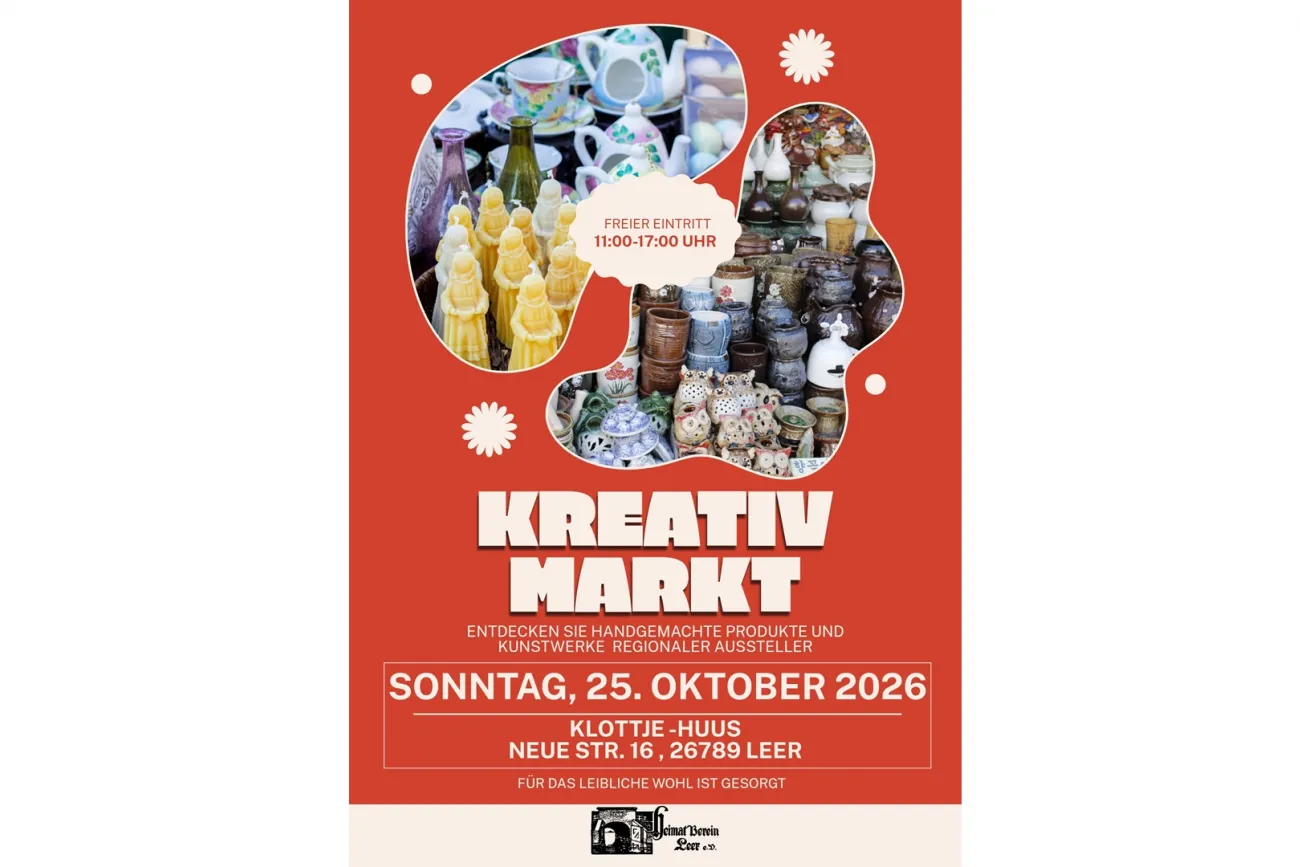 Rotes Plakat zum Kreativmarkt mit Keramik, Kunsthandwerk und Termin am 25. Oktober 2026.