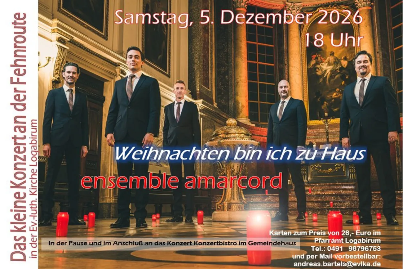 Konzertplakat: ensemble amarcord in Kirche mit roten Kerzen, 5. Dezember 2026.