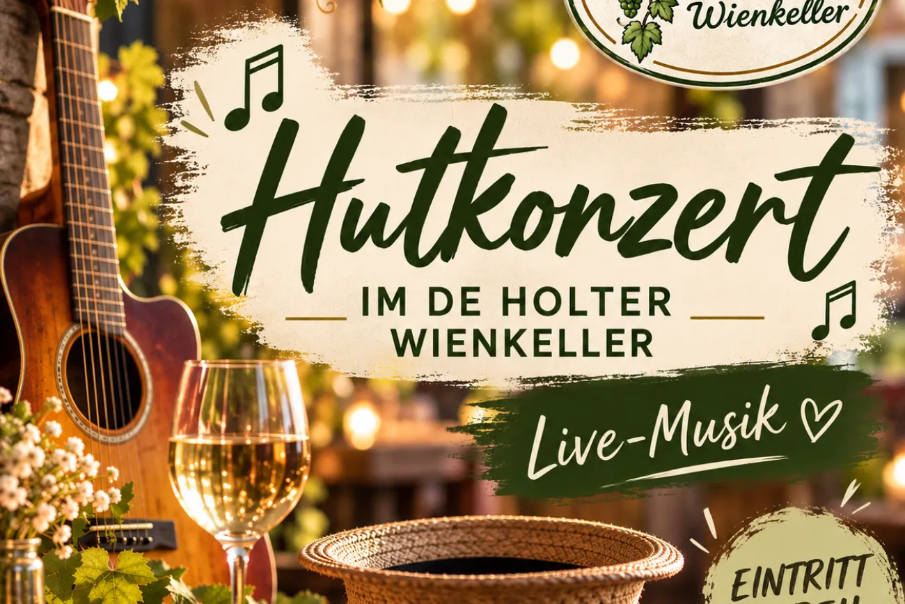 Plakat zum Hutkonzert mit Gitarre, Weinglas und Logo des De Holter Wienkeller.