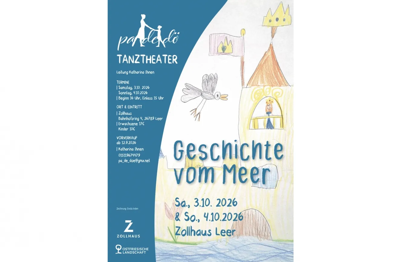 Plakat zum Tanztheater „Geschichte vom Meer“ mit Kinderzeichnung von Schloss und Vogel.