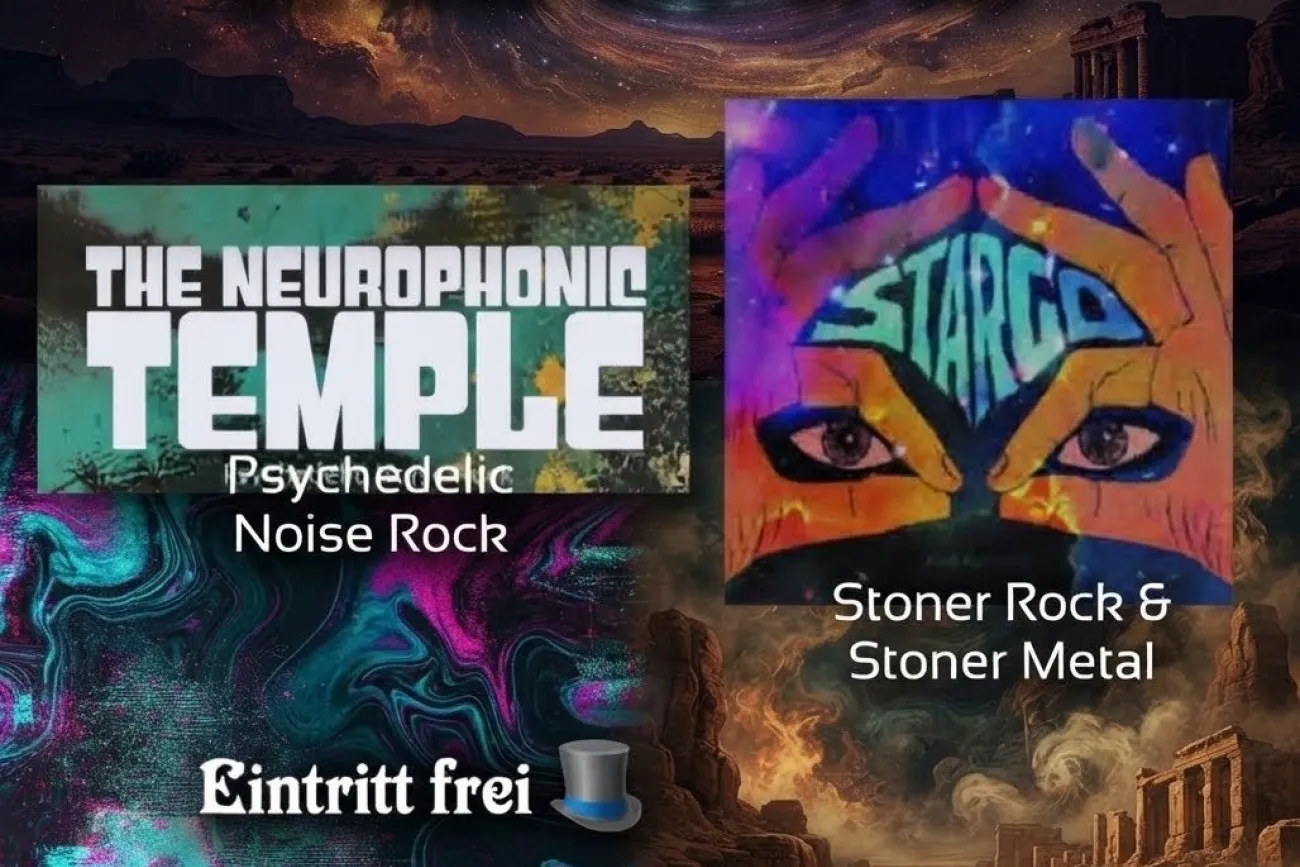 Konzertplakat für The Neurophonic Temple und Stargo im Grusy.