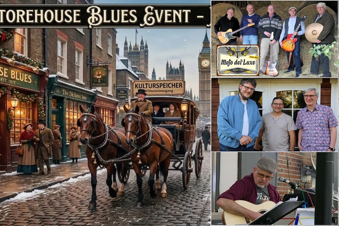 Collage zum Storehouse Blues Event mit winterlicher Straßenszene und auftretenden Musikern.