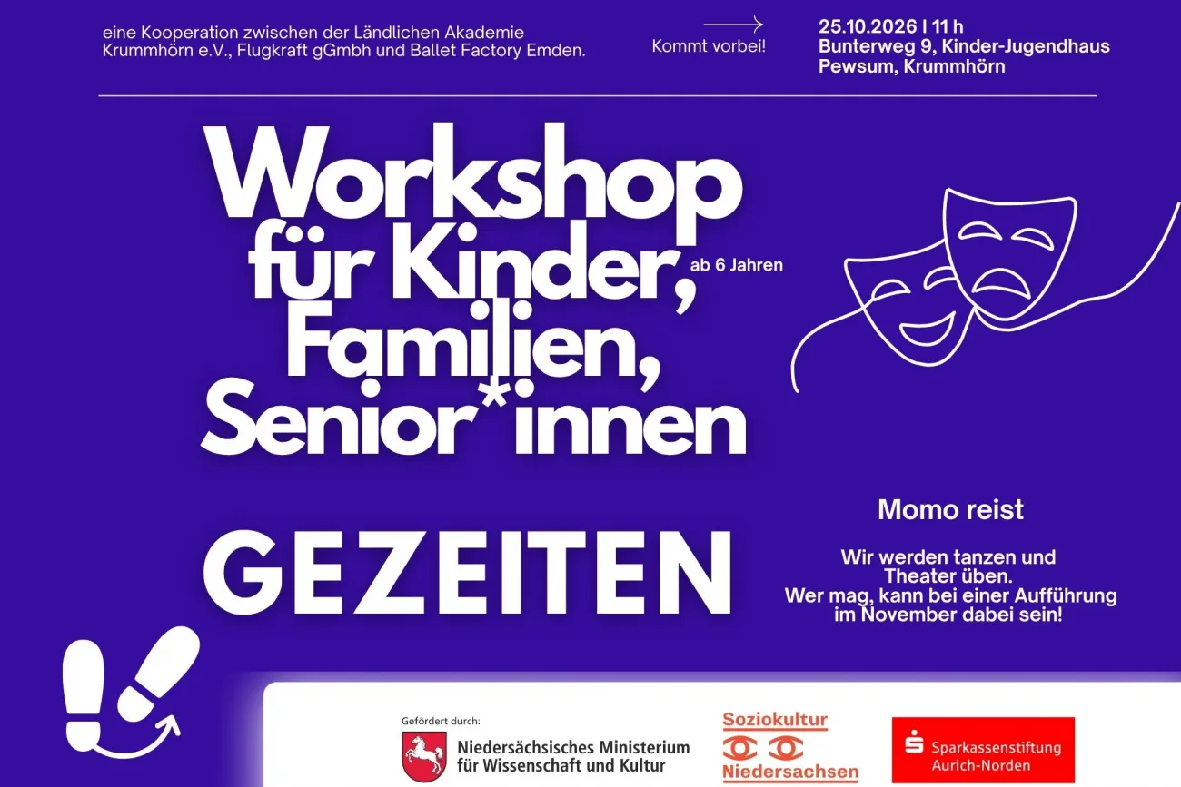 Lila Plakat zum Gezeiten-Workshop mit Theatermasken und Terminangaben.