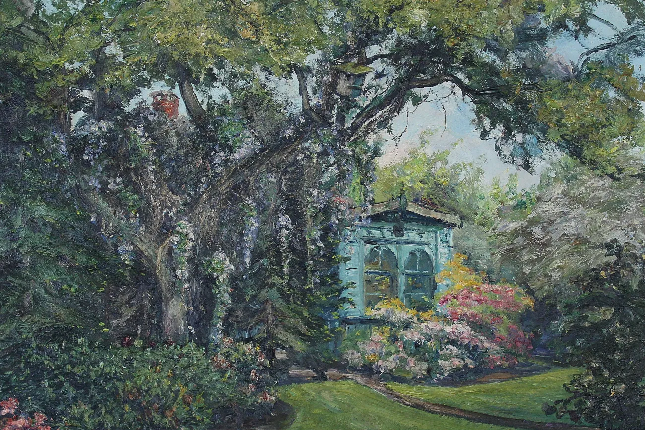 Jever, Stadt, Haaks Garten, Haaks Laube, um 1960, 60,5x48,5 cm, Öl auf Leinwand, Besitz Schlossmuseum Jever (WV-Nr. 743).jpg