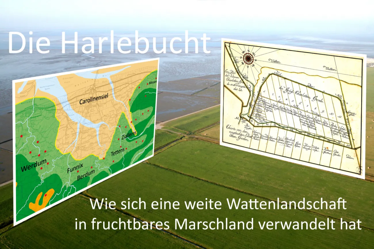 Graphik der Harlebucht um 1300 und historische Karte des Groß Charlottengrodens, eingebettet in Luftbild (Marsch und Wattenmeer)