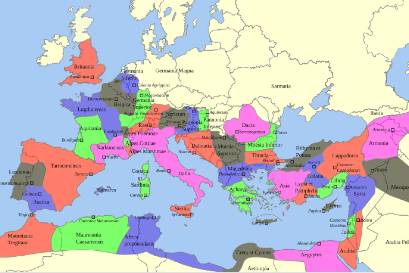 Das Römische Reich und seine Provinzen zur Zeit seiner größten Ausdehnung unter Kaiser Trajan in den Jahren 115–117