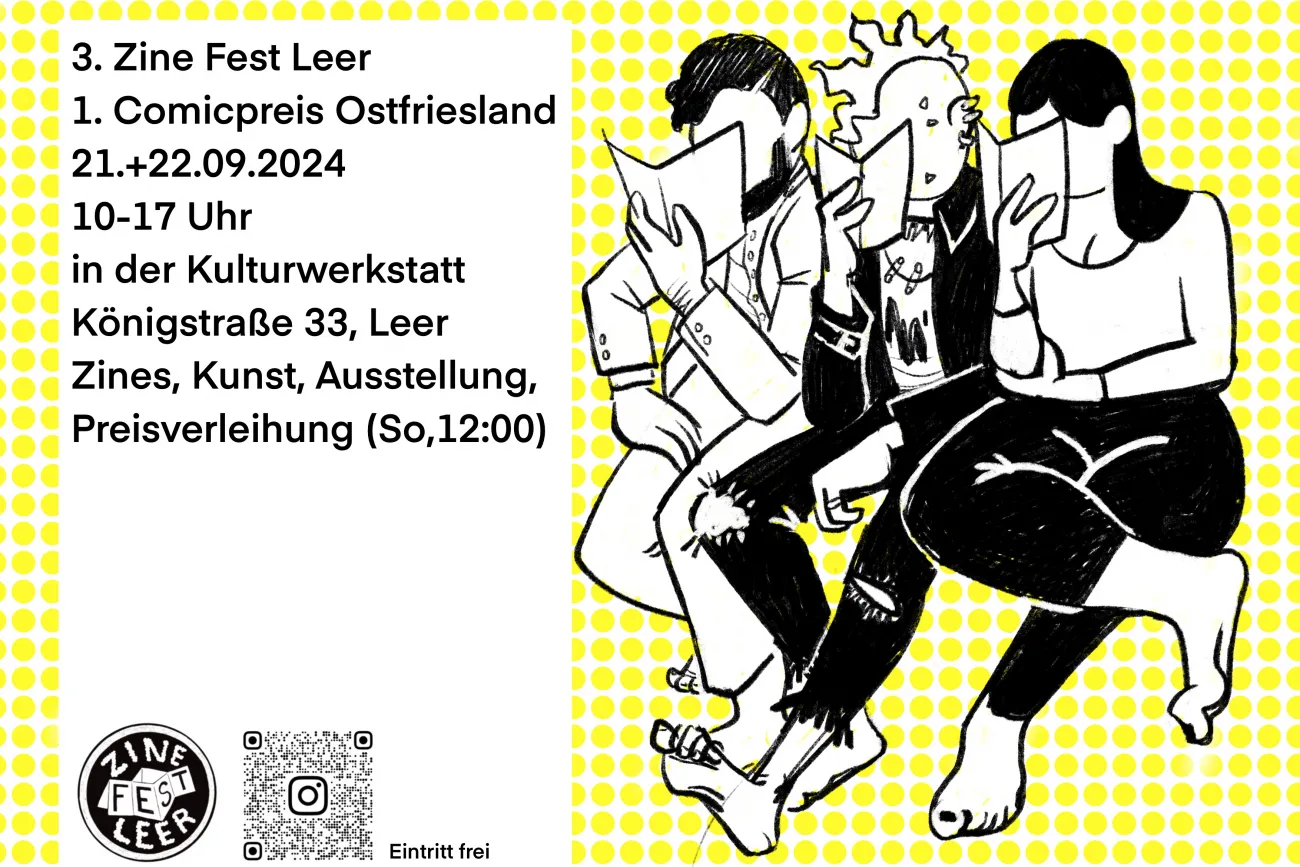 Plakat des Zine Fest Leer mit Informationen. 21. und 22. September 2024 von 10 bis 17 Uhr in der Kulturwerkstatt Leer. Comic-Preisverleihung Sonntagmittag.