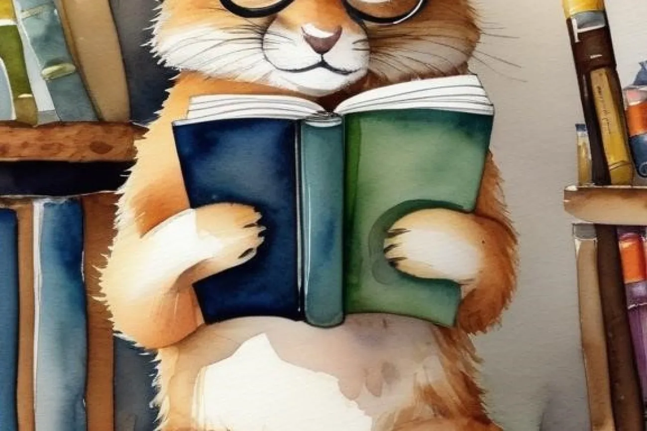 Katze mit Buch, gemalt