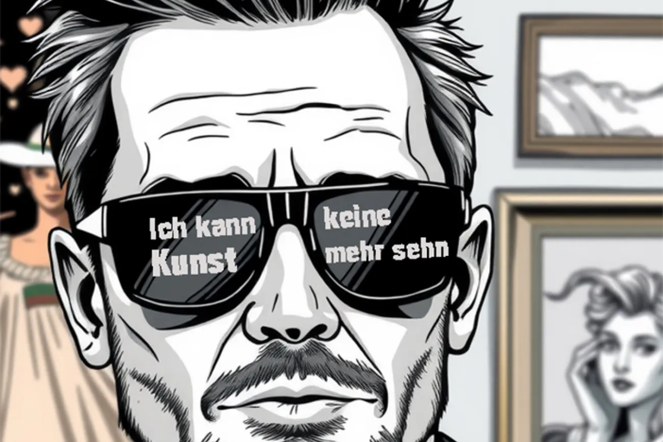 Mann mit dunkler Brille schaut Bilder an