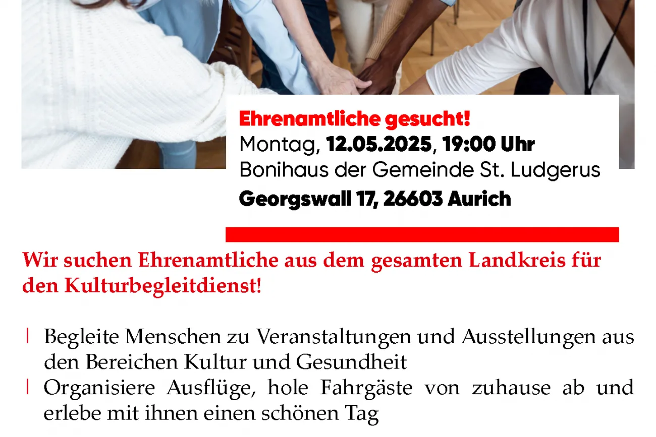 Informationsgrafik mit Datum und Uhrzeit zur Ehrenamtssuche für den neuen Kulturbegleitdienst der Malteser