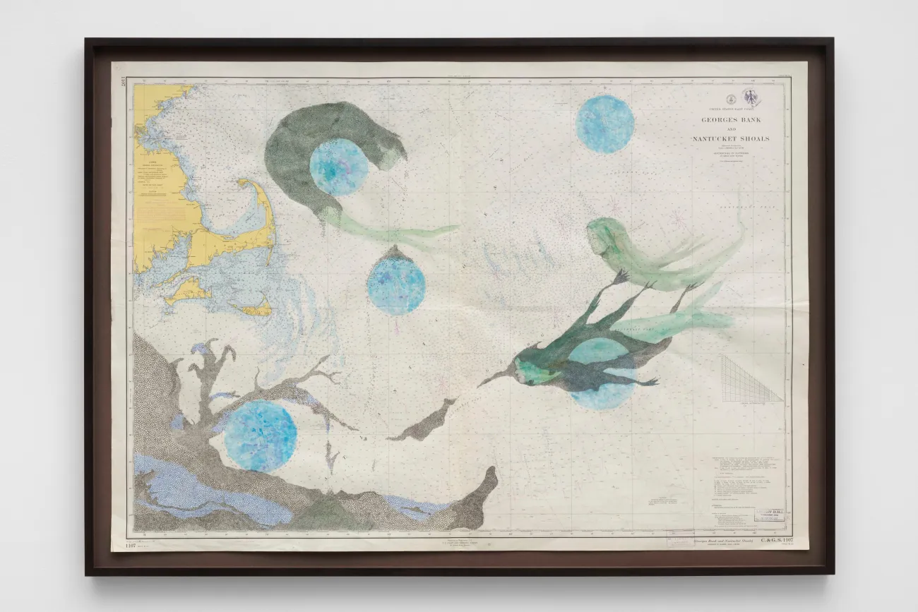 Heike Kabisch, The Oldest Waters (back and forth), 2025. Wasserfarbe, Graphit, Tinte auf historischer Karte
