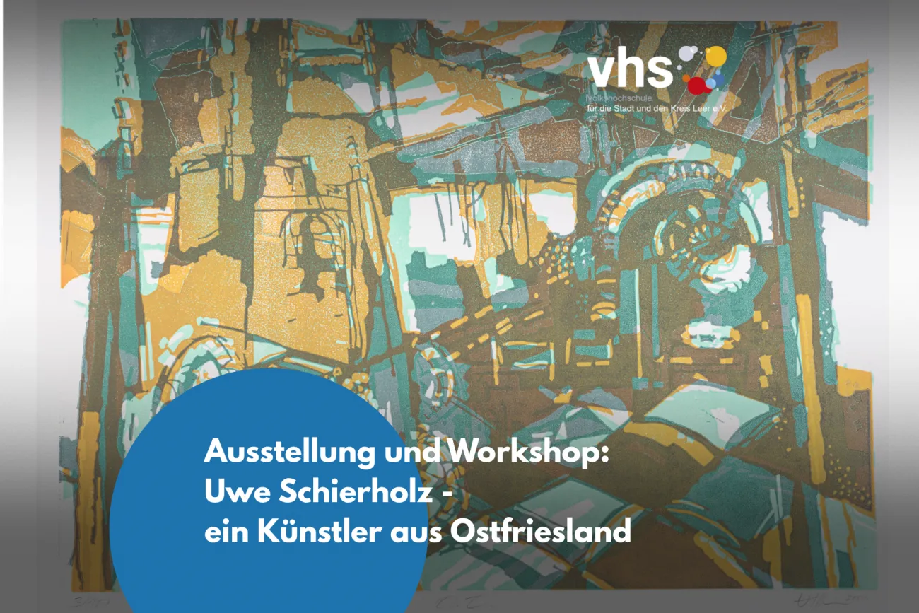 Das Bild zeigt ein abstraktes Werk des ostfriesischen Künstlers Uwe Schierholz, das als zentrales Motiv für eine Ausstellung und einen Workshop bei der Volkshochschule Leer dient. Seine Arbeiten zeichnen sich durch kraftvolle Farben, geometrische Formen und eine starke Verbindung zu industriellen Themen aus. Die Veranstaltung bietet einen Einblick in das Schaffen des Künstlers und lädt zur kreativen Auseinandersetzung mit seiner Technik ein.