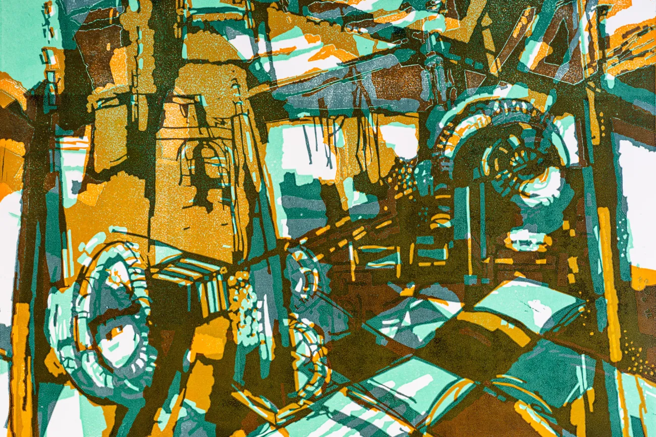 Die Bildunterschrift lautet: Uwe Schierholz, Ohne Titel, 2006, Linolschnitt, 50 x 70 cm,  Foto: Jürgen Bambrowicz, © Kunsthaus Leer