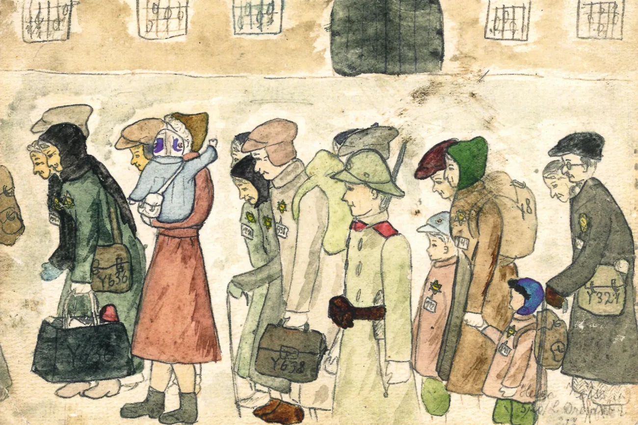 Zeichnung von Helga Weissová von Menschen - Kinder wie Erwachsene -, die in Theresienstadt ankommen. Sie tragen Koffer - ihnen wurde 50kg Gepäck bewilligt zur Mitnahme. Die Zeichnung ist von 1942