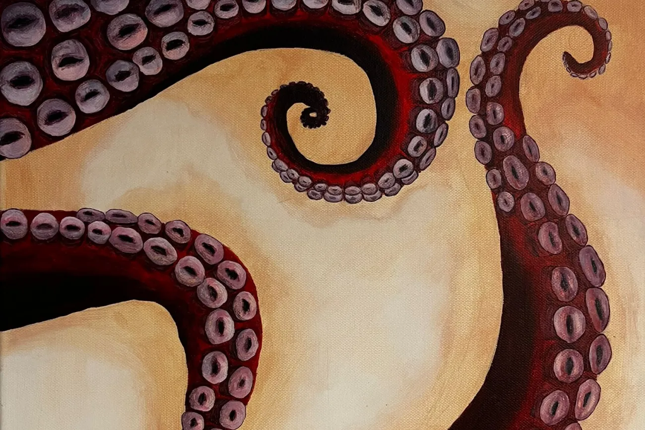 Gemaltes Bild von drei roten Tentakeln mit sandgelbem Hintergrund