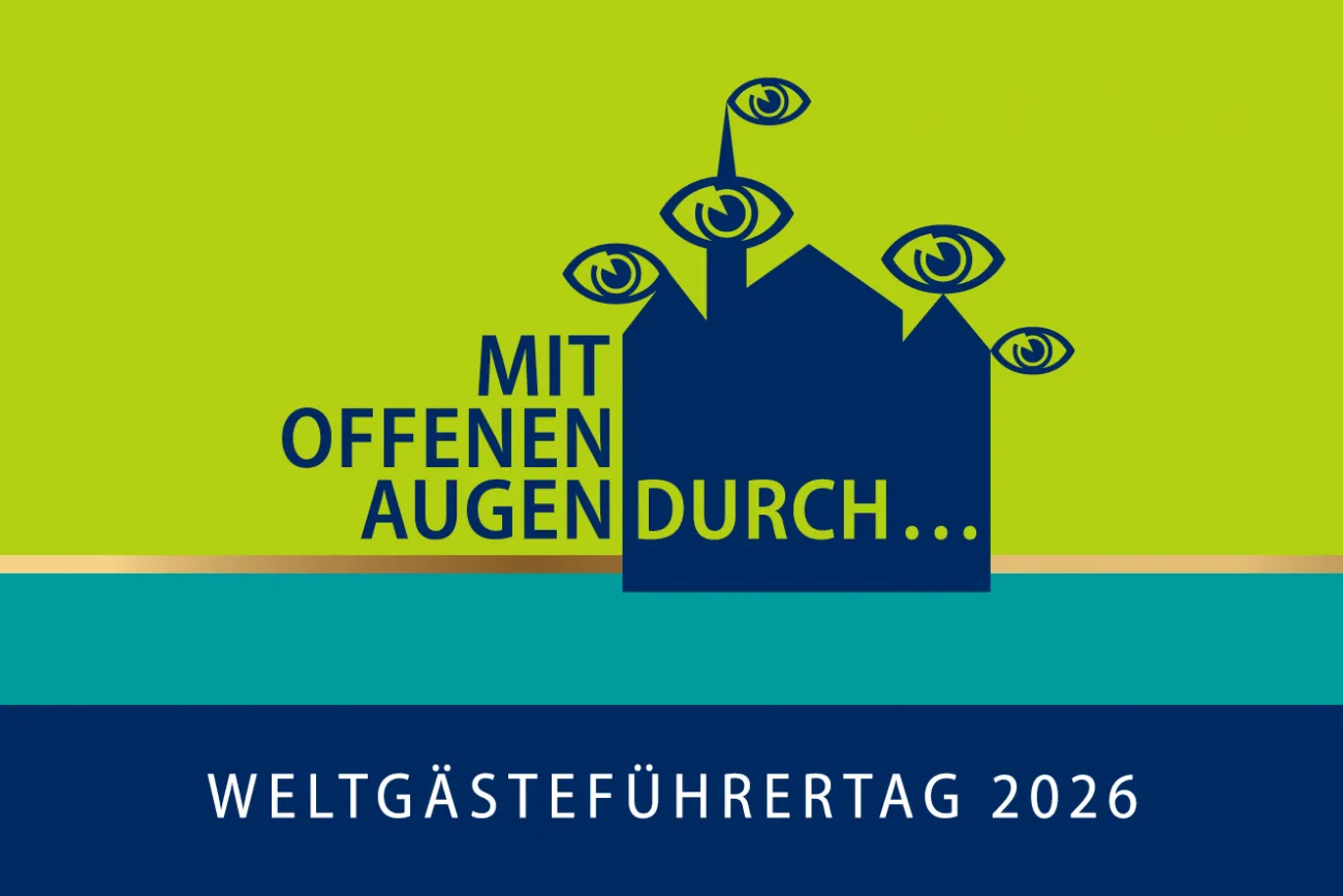 Logo Weltgästeführertag 2026 mit dem Slogan "Mit offenenen Augen durch..."
