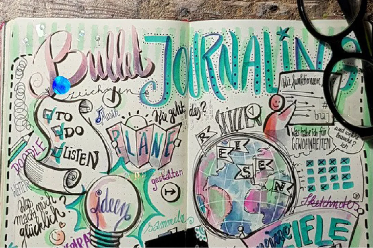 Ein Journal liegt aufgeschlagen auf dem Tisch. Auf den Seiten sieht man kleine Skizzen zum Thema Journaling