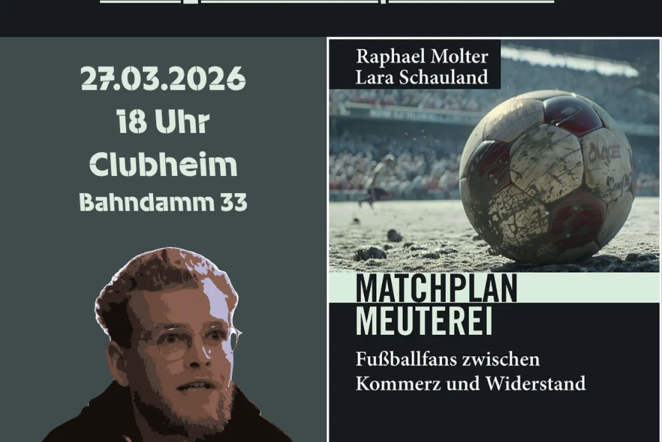 Text: Matchplan Meuterei, Lesung mit Autor Raphael Molter, 27.03.2026, 18 Uhr, Clubheim, Bahndamm 33; Bild des Autors; Buchcover, das den Titel, den Namen des Autors und der Autorin Lara Schauland, des Verlags PapyRossa sowie ein Bild eines Stadions mit einem Ball im Vordergrund enthält; Borussias Vereinswappen, Schwarze Fahne, Anker mit der Inschrift Borussia Leer