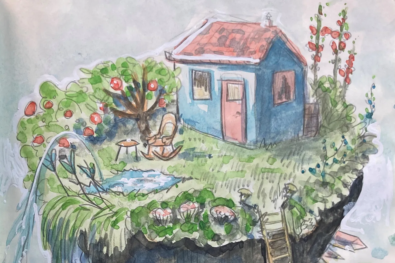 Haus mit Garten, gezeichnet, wie eine kleine Insel