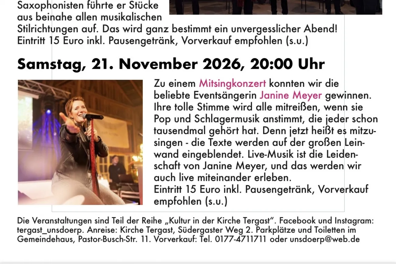 Veranstaltungen im Herbst 2026 in der Kirche Tergast