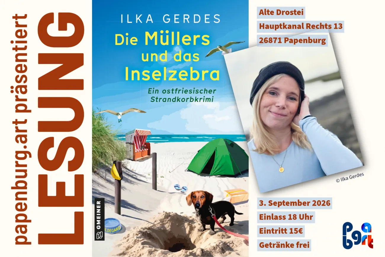Einladung zur Lesung mit Ilka Gerdes. Buchcover und Foto von Ilka. Infotexte mit Ort und Zeit.