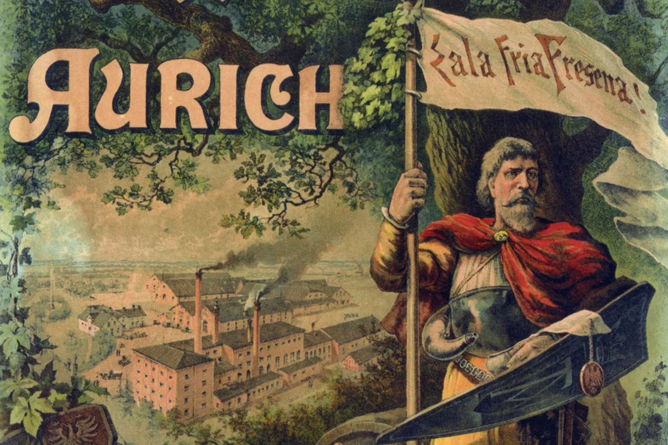 Plakat der Ostfriesischen Aktien-Brauerei mit germanischem Krieger und Flagge mit Aufschrift "Eala Fria Fresena"