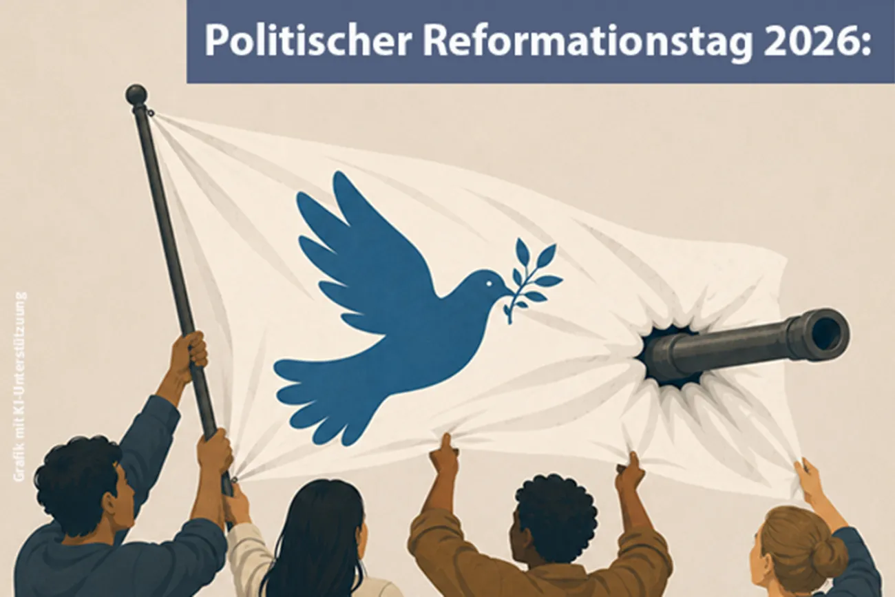 Menschen tragen Friedensbanner von Panzerrohr durchbohrt